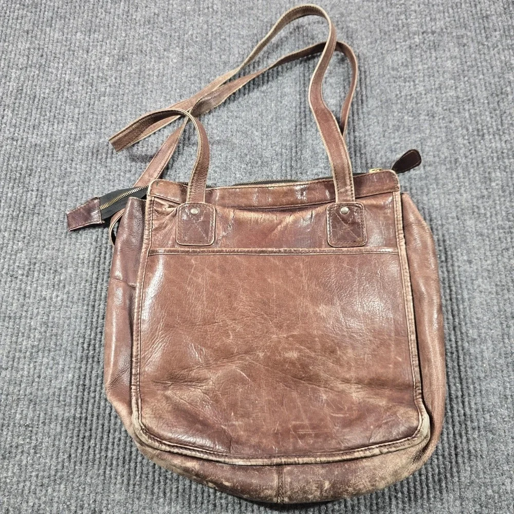 VTG Frye Tote Bag Womens Medium Brown Distressed Leather Zip Closure Coin‎ Purse
